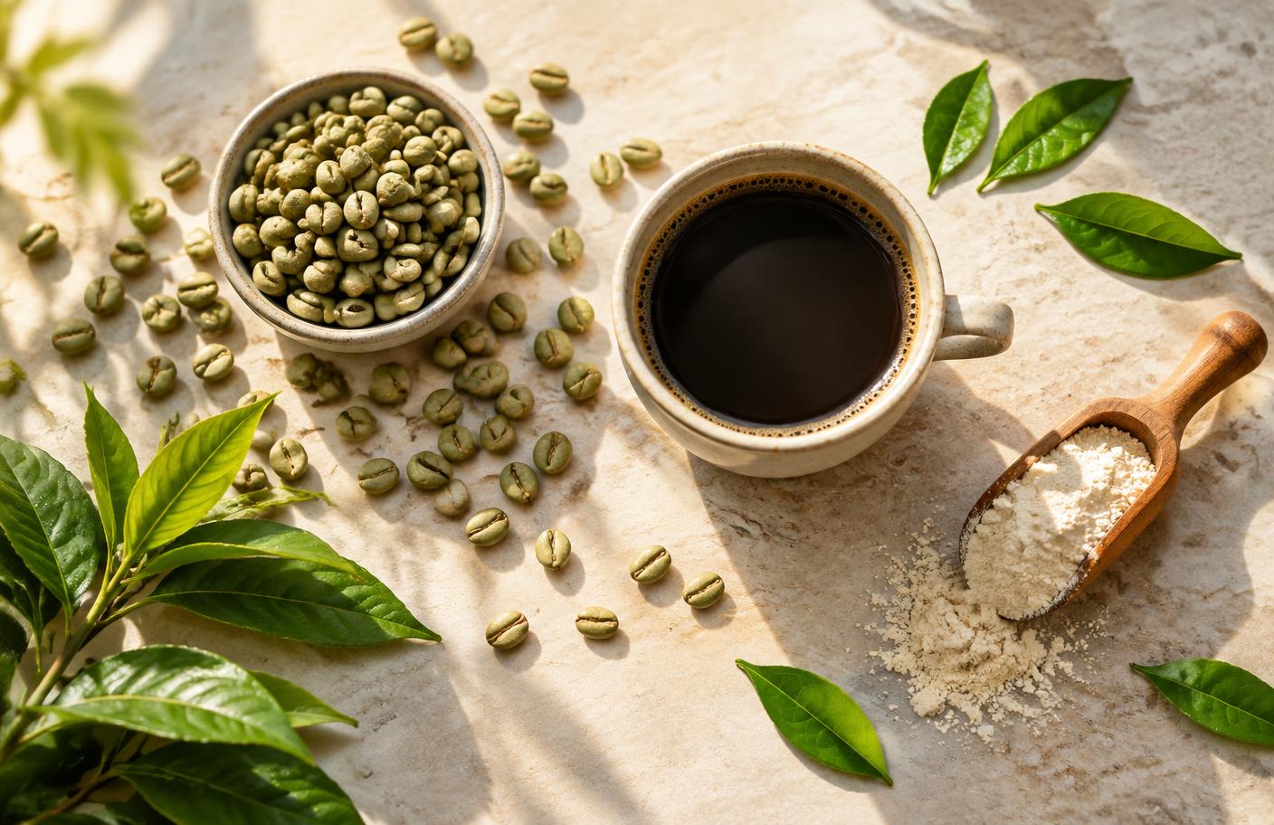 Coffee, green coffee beans, tea leaves and supplement powder